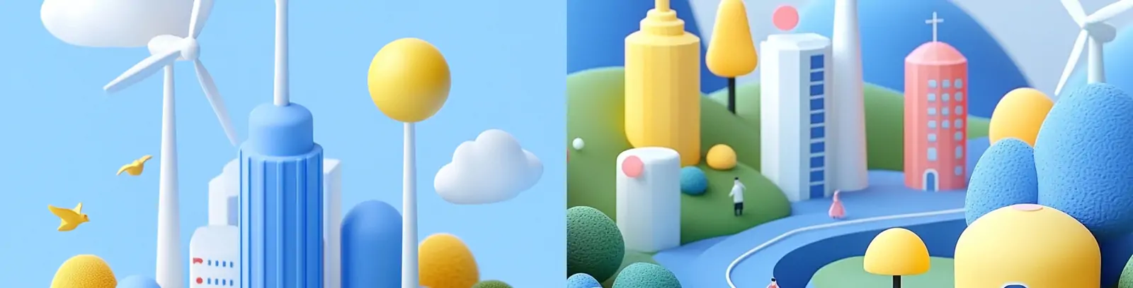 极简主义3D立体卡通城市建筑街道风车场景模型插图海报midjourney关键词咒语