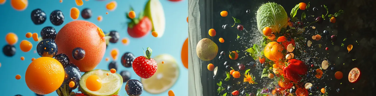 创意彩色新鲜蔬菜水果食材空中飞扬艺术摄影海报midjourney关键词咒语