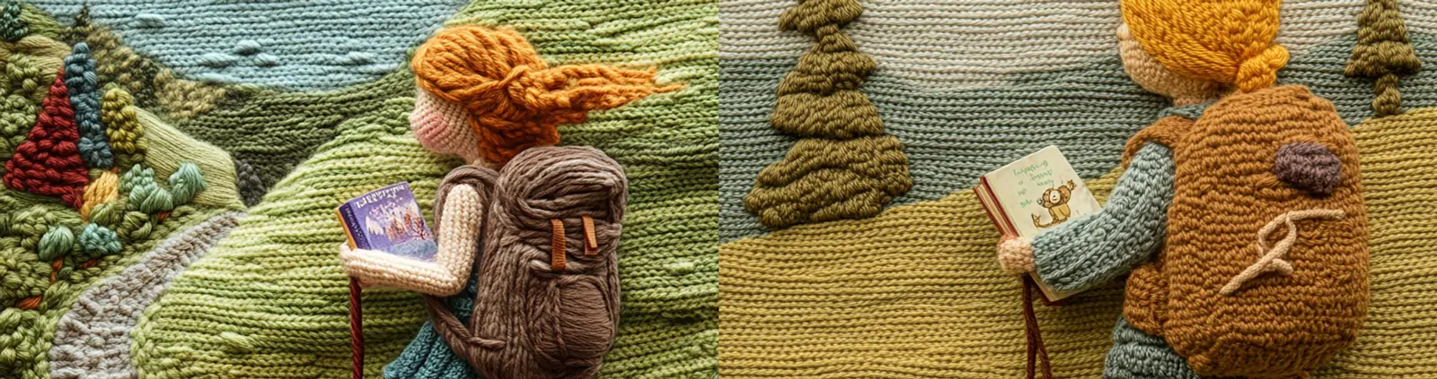 手工编织女孩小狗徒步登山自然景观场景立体艺术花纹图案midjourney关键词咒语