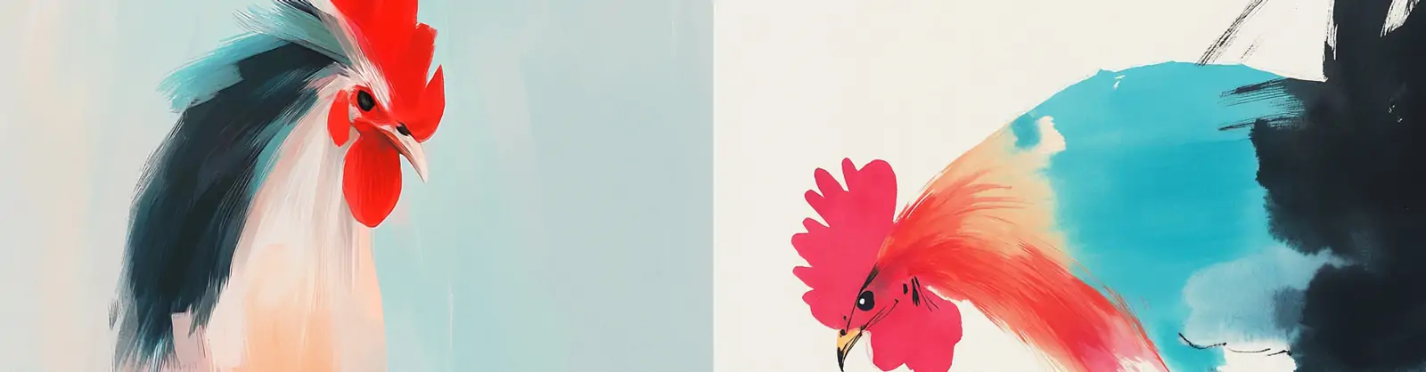 手绘红黑羽毛大公鸡小女孩夸张水墨画风格插图绘画海报midjourney关键词咒语