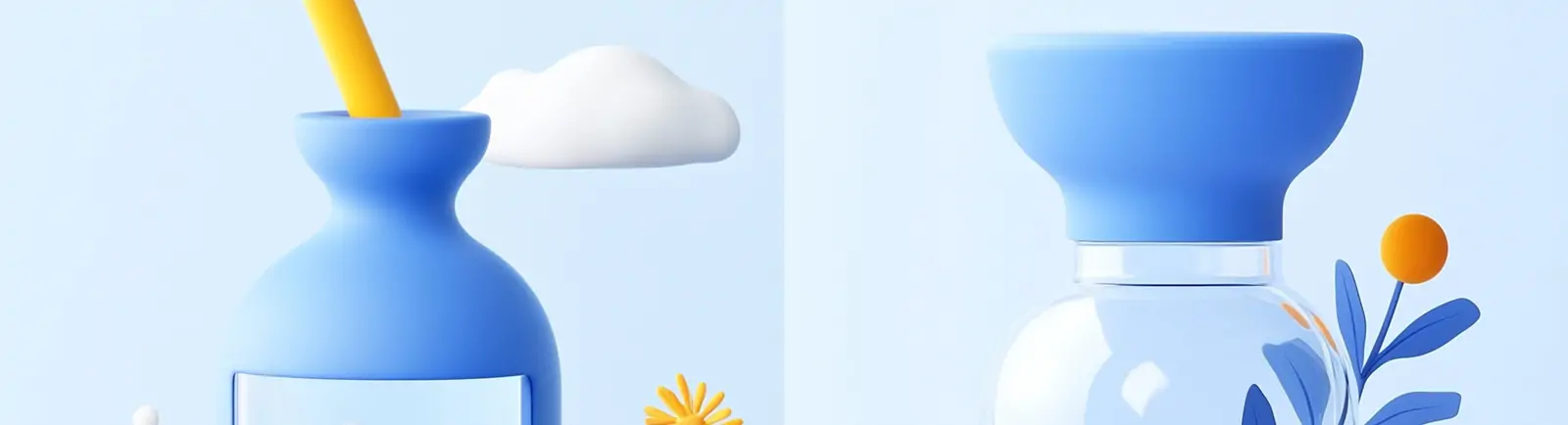 极简主义3D立体可爱透明玻璃瓶产品包装插图海报midjourney关键词咒语