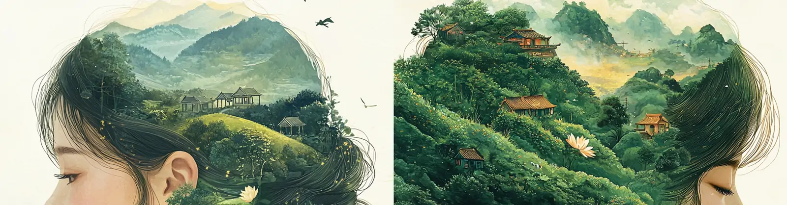 创意美女人物头肩膀自然风景合成艺术插图海报midjourney关键词咒语