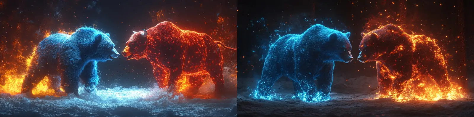 创意股票市场牛市熊市对峙搏斗3D立体场景摄影海报midjourney关键词咒语