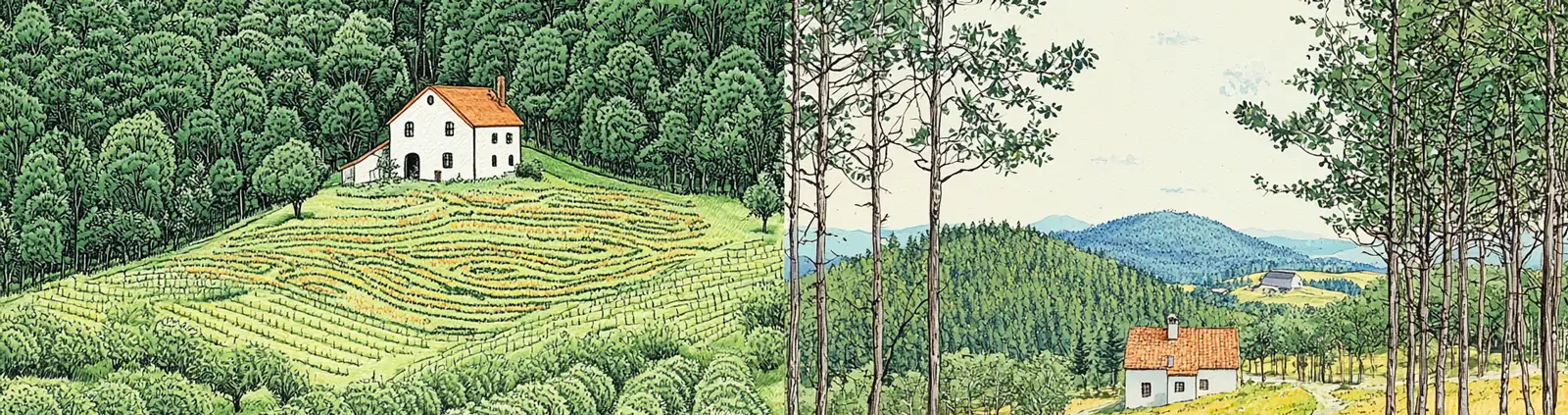 手绘绿色森林树木村庄房屋场景插图海报midjourney关键词咒语