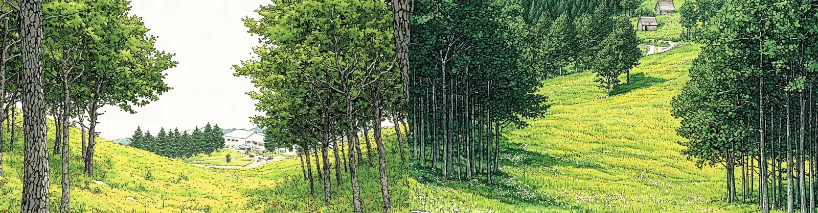 手绘绿色森林树木村庄房屋场景插图海报midjourney关键词咒语