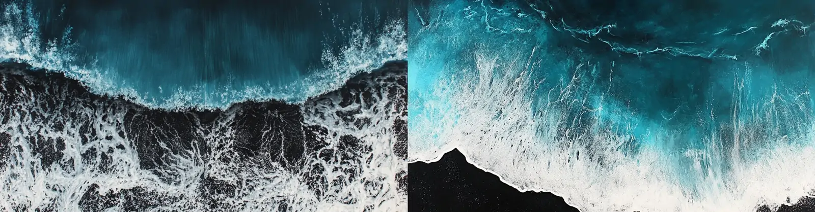 蓝绿色海浪拍打黑色沙滩鸟瞰图场景摄影海报midjourney关键词咒语