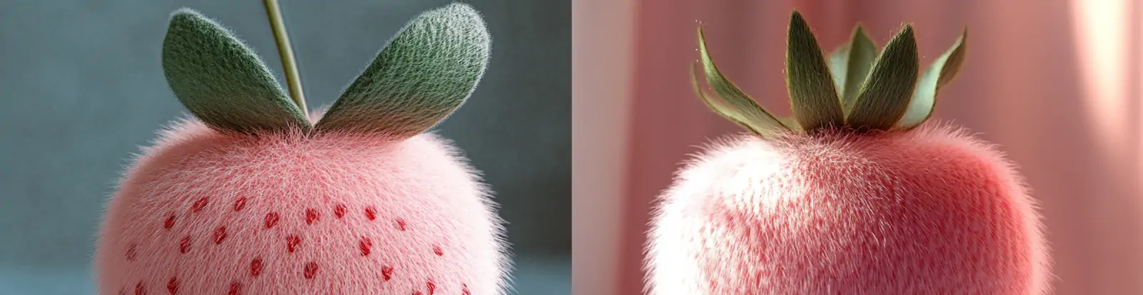 粉色可爱逼真立体毛茸茸草莓玩具模型产品摄影海报midjourney关键词咒语