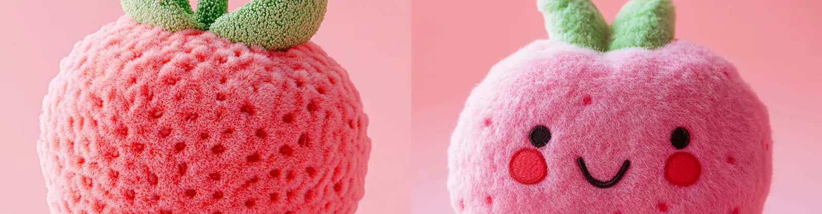 粉色可爱逼真立体毛茸茸草莓表情玩具抱枕模型产品摄影海报midjourney关键词咒语