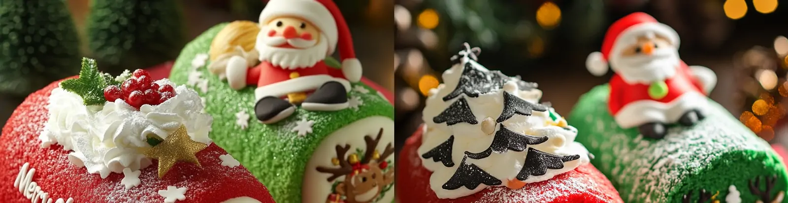 红色绿色圣诞节主题瑞士卷蛋糕甜品装饰摄影海报midjourney关键词咒语