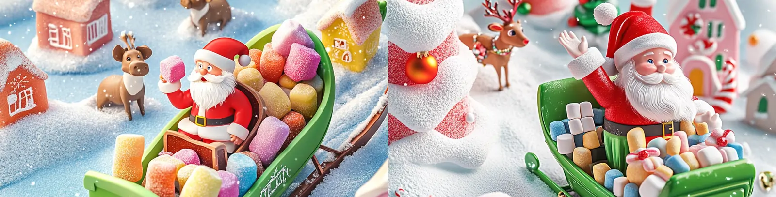 彩色可爱圣诞节主题圣诞老人驯鹿雪橇礼物节日气氛场景插图海报midjourney关键词咒语