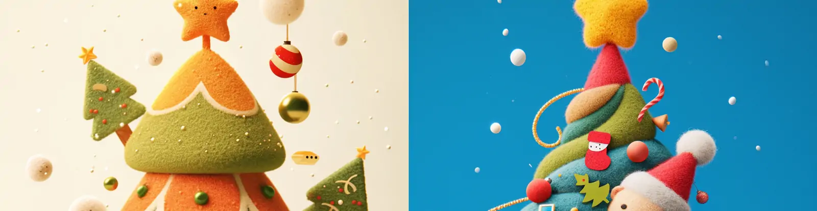 可爱卡通彩色羊毛毡圣诞树圣诞节装饰立体手工艺品插图海报midjourney关键词咒语