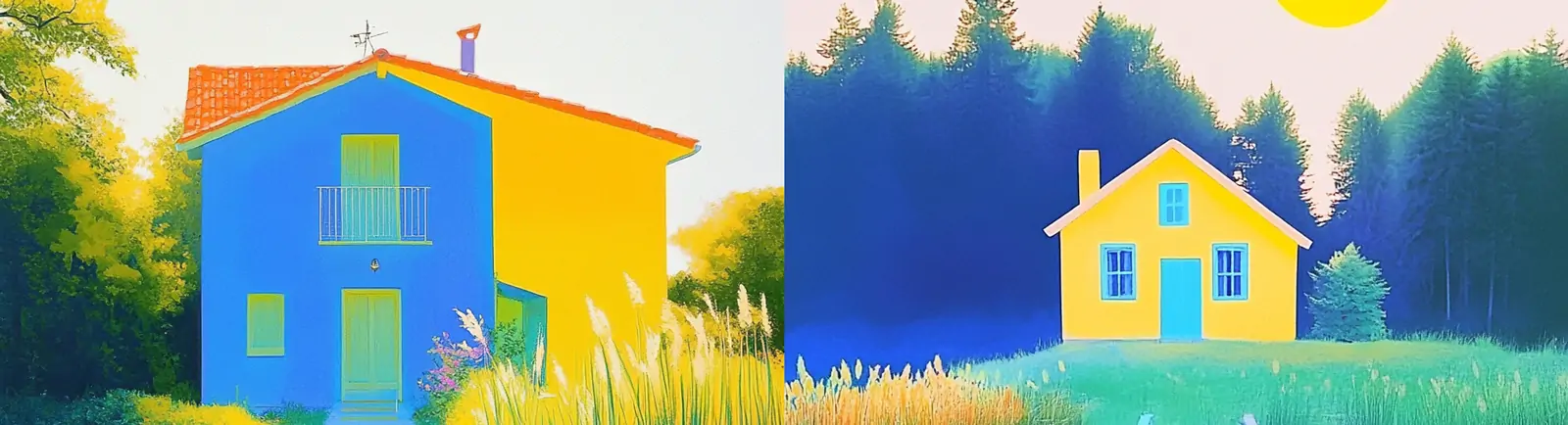 手绘梦幻森林小屋建筑木桥芦苇蜻蜓阳光场景插图海报midjourney关键词咒语