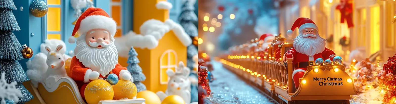 彩色卡通圣诞节圣诞老人驯鹿雪橇火车节日装饰场景插图海报midjourney关键词咒语