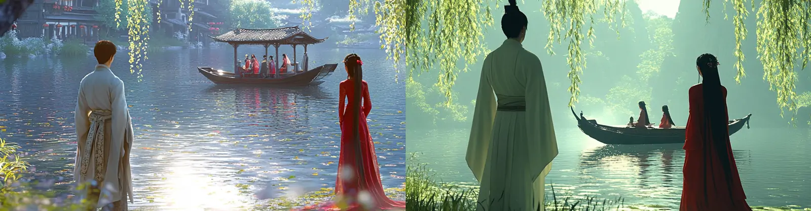 古风复古人物自然山水柳树河流小船行驶场景插图海报midjourney关键词咒语