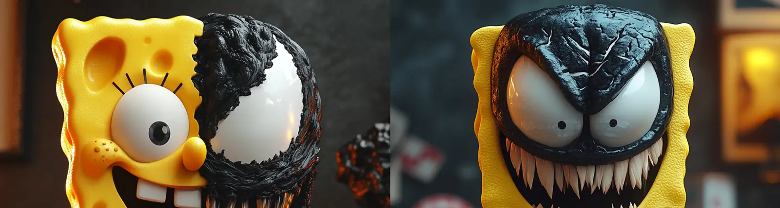 创意3D立体动画风格海绵宝宝毒液戏剧性视觉效果海报midjourney关键词咒语