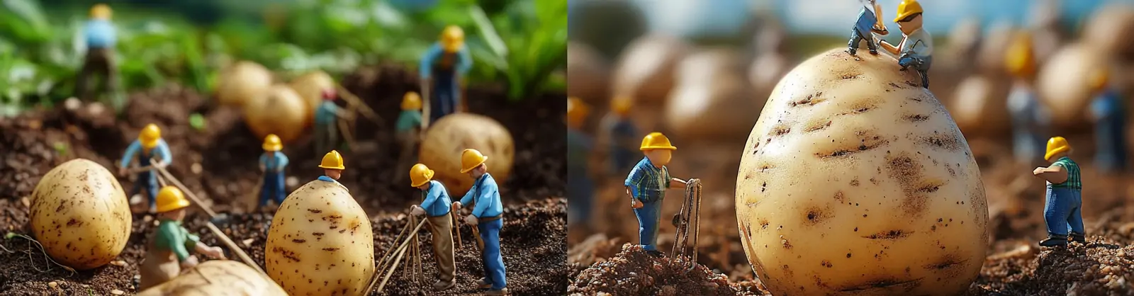 创意巨型土豆农民伯伯丰收微观场景摄影海报midjourney关键词咒语