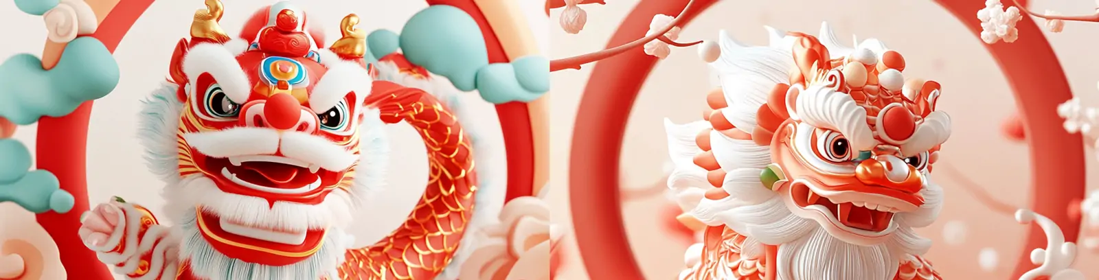 中国风新年元旦节日气氛舞狮舞龙3D立体场景海报背景midjourney关键词咒语