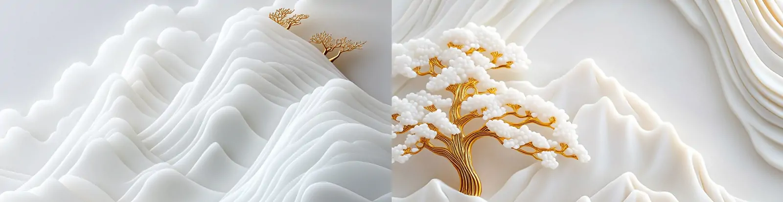 中国风白色白玉山烫金树木云朵自然山水模型场景海报midjourney关键词咒语