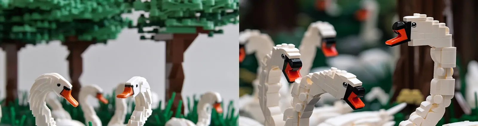 逼真立体湖中白天鹅动物场景乐高积木模型广告海报midjourney关键词咒语