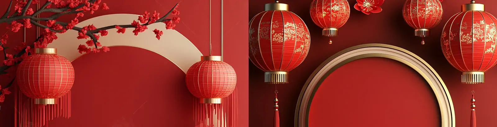 3D立体中国风红色新年灯笼剪纸鲜花图案空间海报背景midjourney关键词咒语