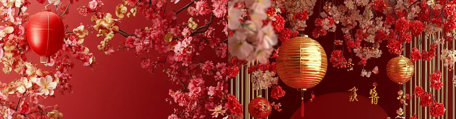中国风红色喜庆新年灯笼鲜花圆形舞台空间海报背景midjourney关键词咒语