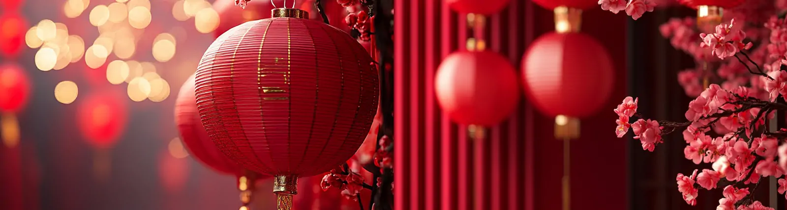 中国风红色喜庆新年元旦春节灯笼梅花场景空间海报背景midjourney关键词咒语