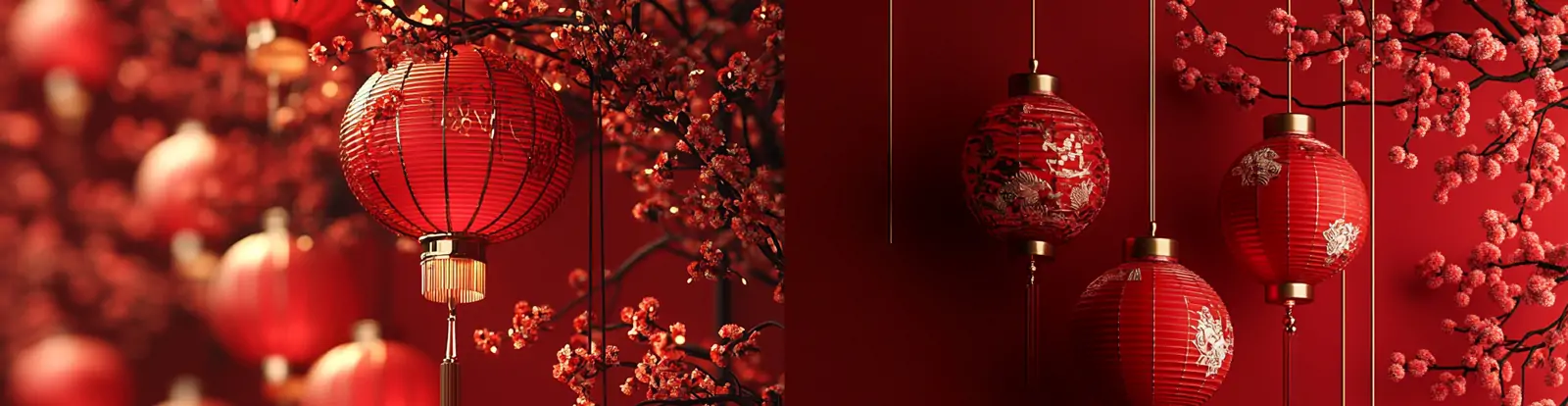 中国风红色喜庆新年元旦春节灯笼梅花场景空间海报背景midjourney关键词咒语