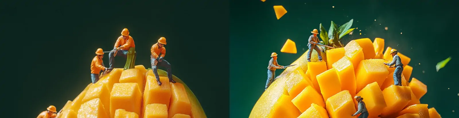 创意芒果微型工人切割场景立体模型摄影海报midjourney关键词咒语