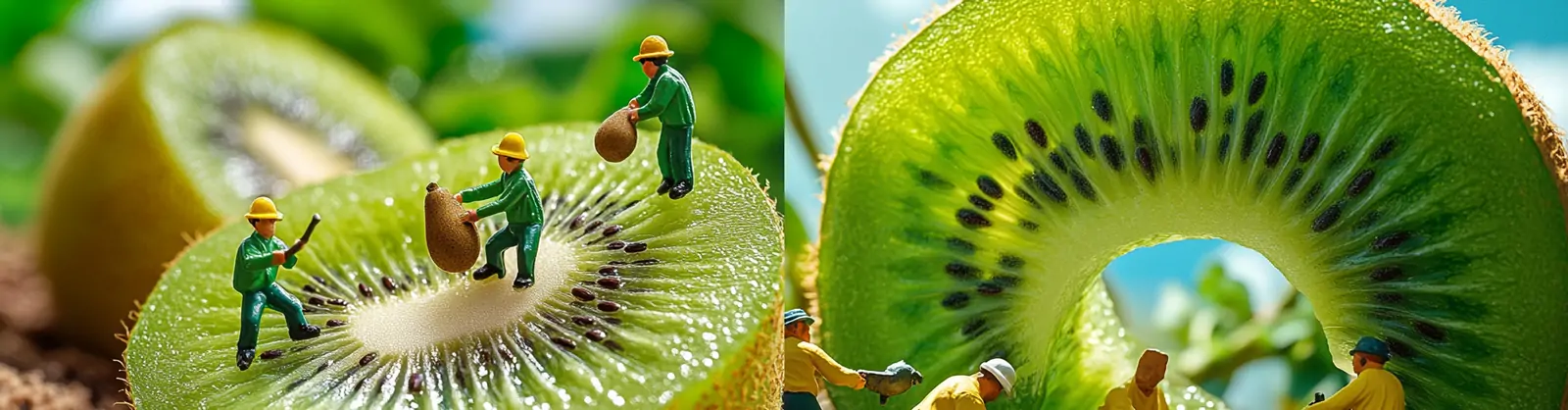 创意水果猕猴桃微型工人切割场景立体模型摄影海报midjourney关键词咒语