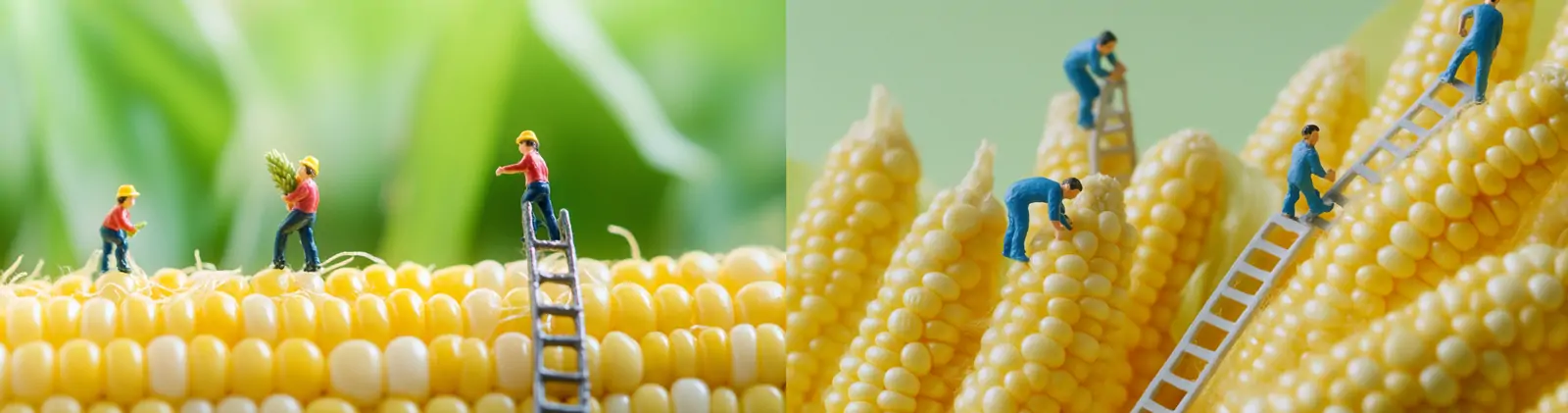 创意黄色玉米微型工人爬梯子场景立体模型摄影海报midjourney关键词咒语