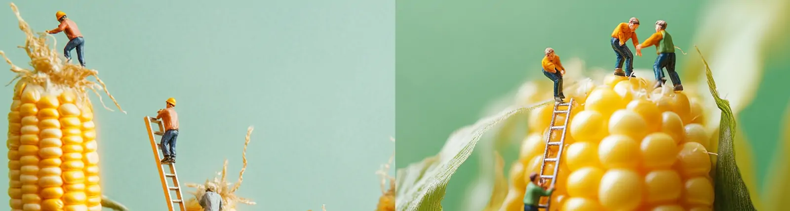 创意黄色玉米微型工人爬梯子自然场景立体模型摄影海报midjourney关键词咒语