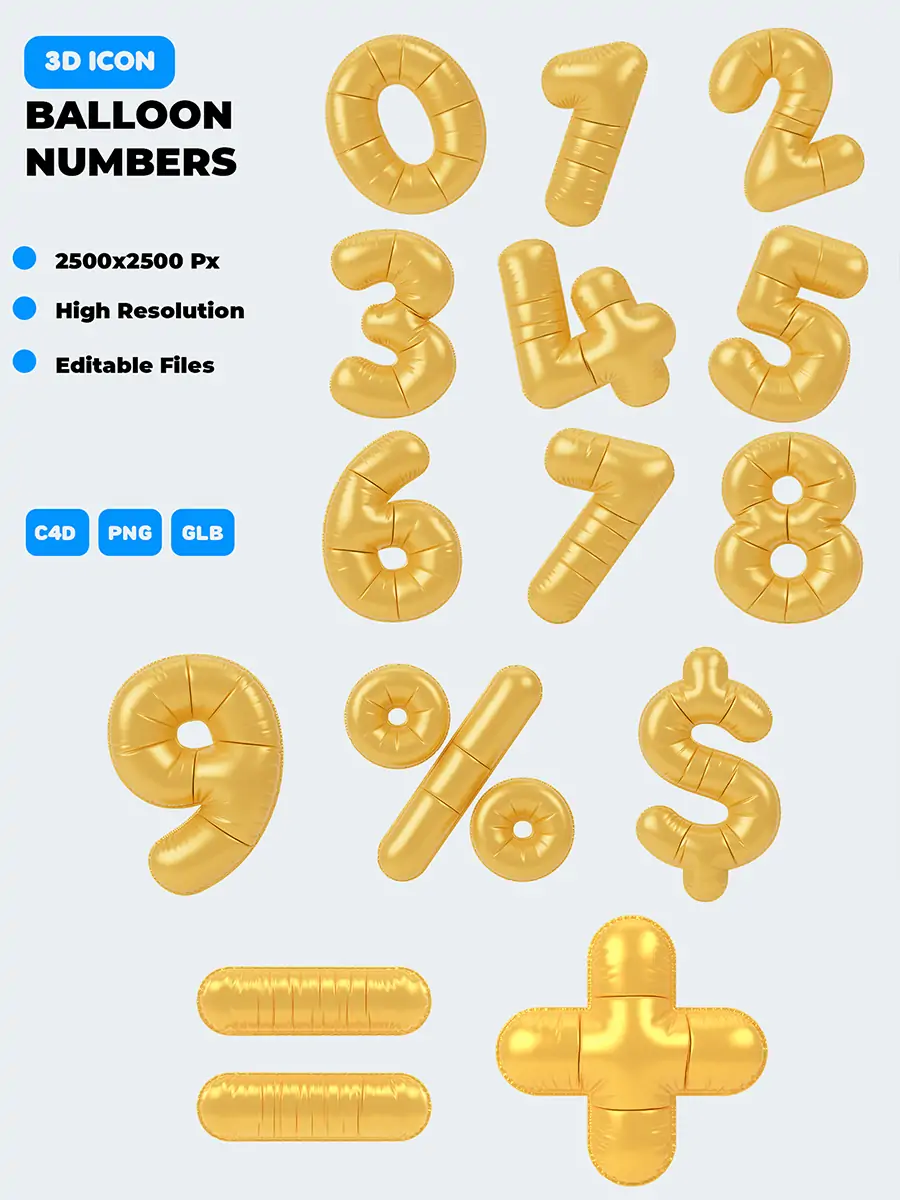Midjourney - 3D立体黄色气球数字符号装饰元素png图标C4D设计素材模版 甄选素材-Ai宇宙吧-