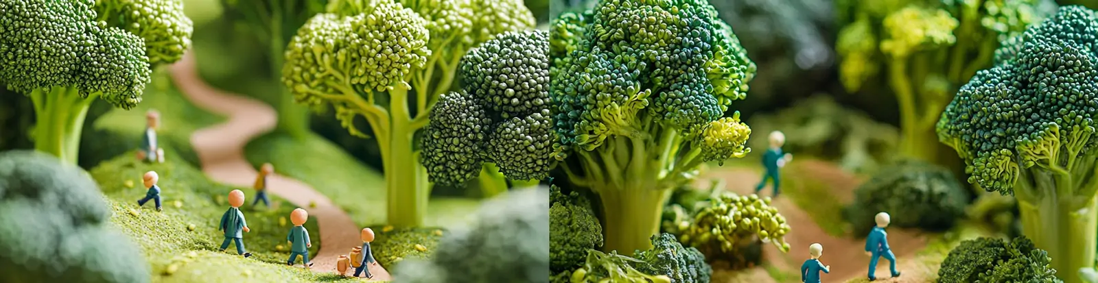 创意新鲜蔬菜西蓝花迷你微观人物行走场景摄影海报midjourney关键词咒语