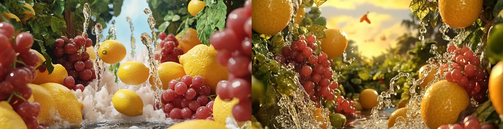 创意新鲜柠檬葡萄桔子水果河流树叶自然微缩景观摄影海报midjourney关键词咒语