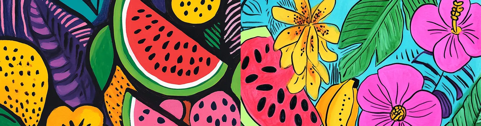 手绘彩色活力热带水果鲜花植物涂鸦花纹图案插图海报midjourney关键词咒语