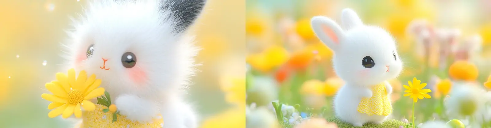迷你皮克斯风格可爱长毛兔小黄花特写摄影海报midjourney关键词咒语