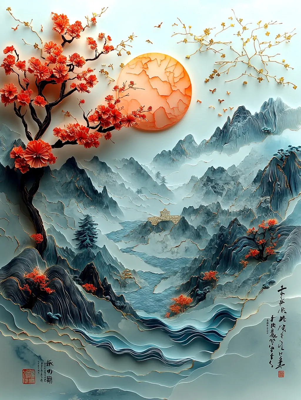 中国风3D立体自然山水河流山脉波浪梦幻场景插图绘画海报midjourney关键词咒语-Ai宇宙吧-