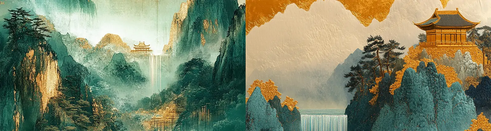 中国风敦煌艺术自然山水瀑布亭台阁楼场景美学插图海报midjourney关键词咒语