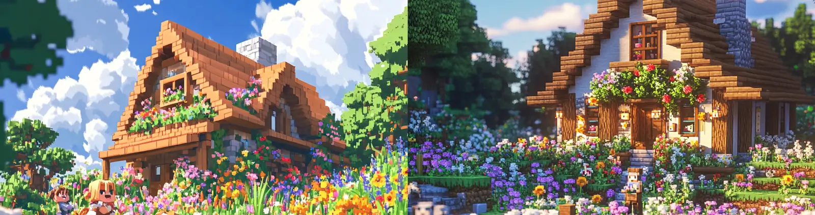 蓝天白云鲜花草原小木屋我的世界游戏场景插图海报midjourney关键词咒语