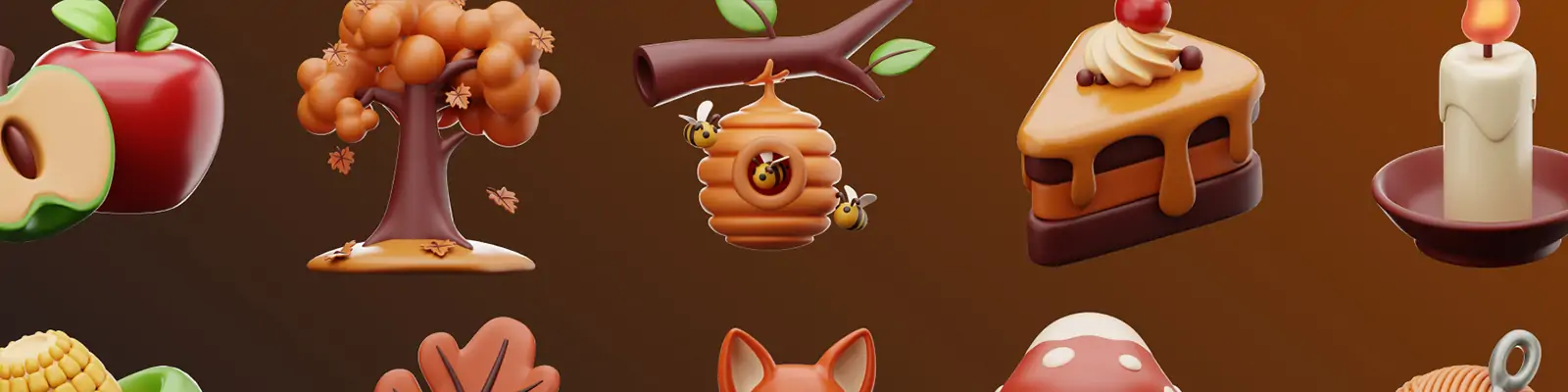 3D立体秋季松鼠树木南瓜蘑菇森林元素插图blender素材模型