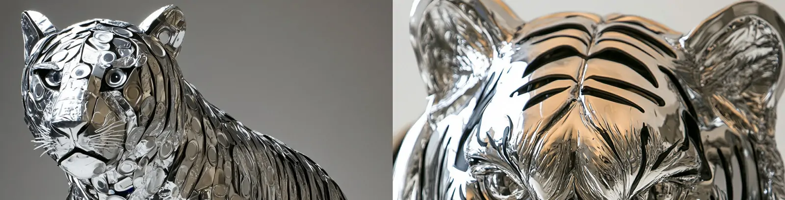 极简主义金属银色动物立体老虎雕塑模型midjourney关键词咒语