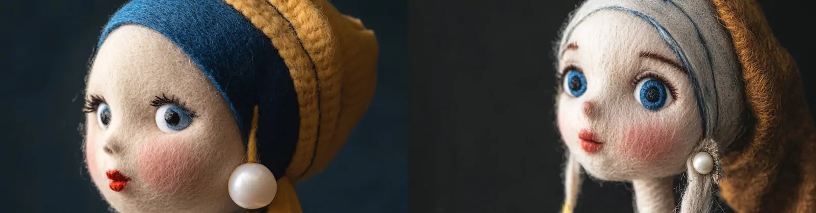 可爱卡通戴珍珠耳环的女孩毛毡艺术娃娃手工艺品摄影海报midjourney关键词咒语