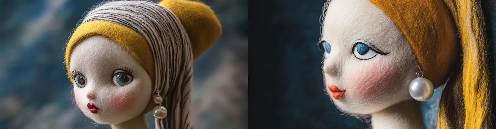 可爱卡通戴珍珠耳环的女孩毛毡艺术娃娃手工艺品摄影海报midjourney关键词咒语