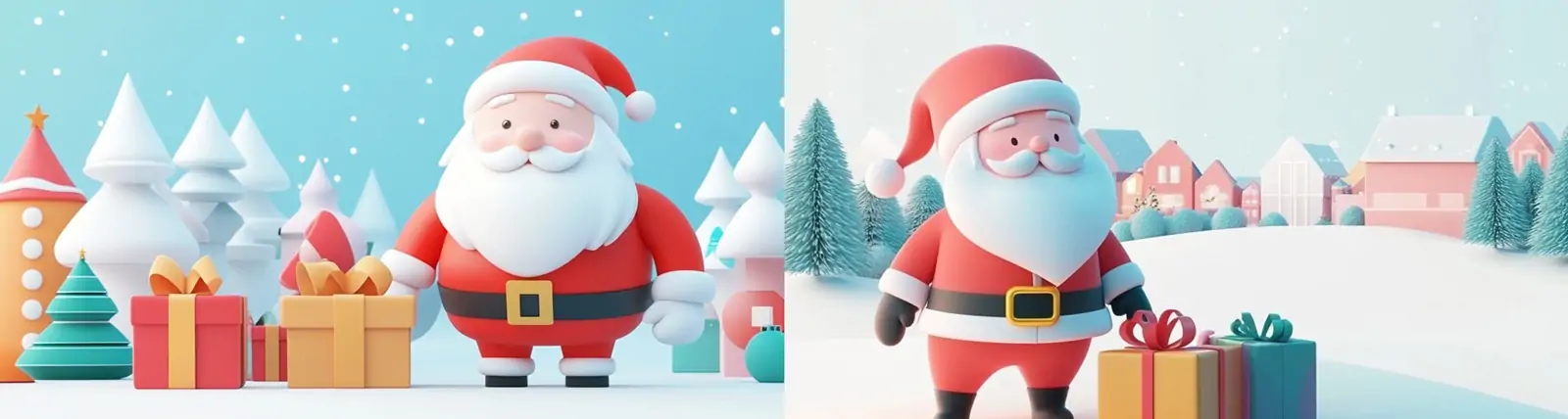 手绘可爱卡通圣诞节圣诞老人礼物冬季雪地场景插图海报midjourney关键词咒语
