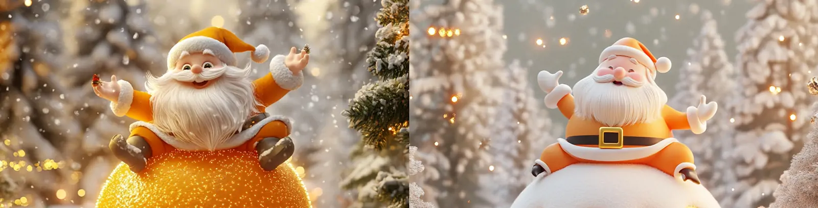 3D立体可爱卡通金黄色圣诞节圣诞老人雪球礼物冬季场景插图海报midjourney关键词咒语