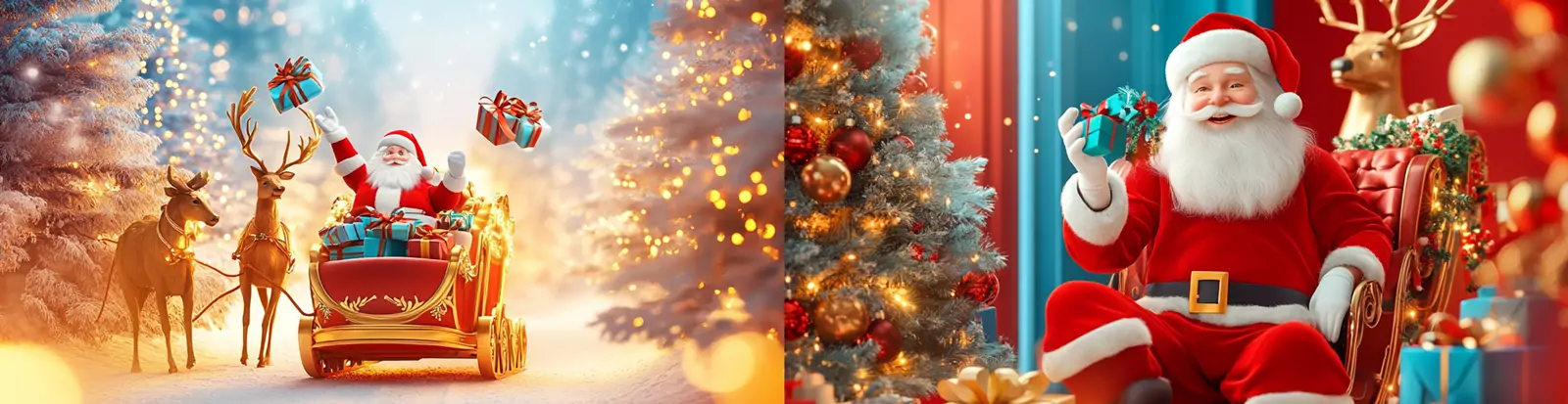 红色圣诞节圣诞老人圣诞树麋鹿雪橇礼物冬季场景插图海报midjourney关键词咒语