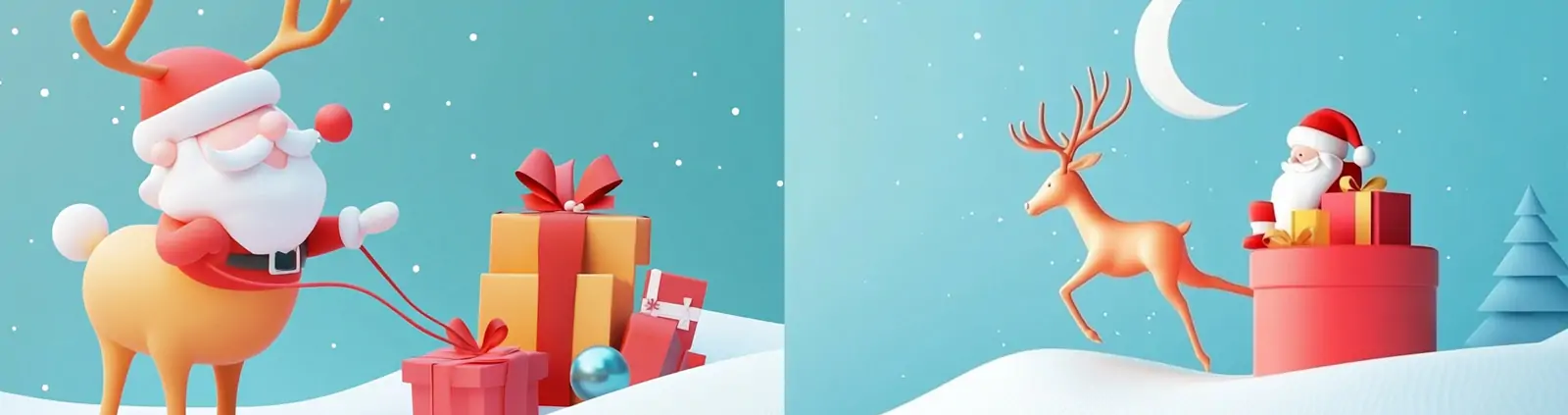 极简主义3D立体圣诞节圣诞老人麋鹿礼物冬季场景插图海报midjourney关键词咒语