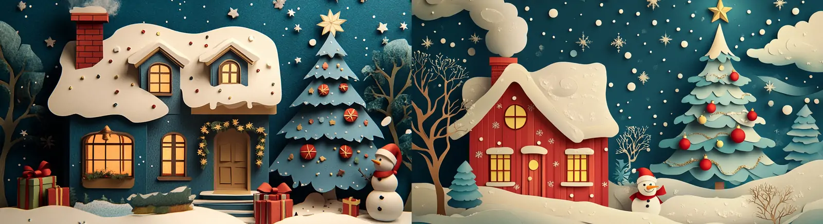 立体圣诞节房屋雪人圣诞树礼物装饰场景剪纸艺术工艺品插图海报midjourney关键词咒语