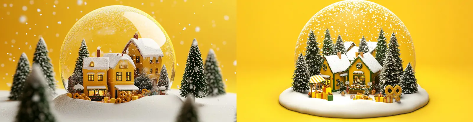 3D立体透明玻璃水晶球冬季圣诞节房屋树木雪天场景摄影海报midjourney关键词咒语