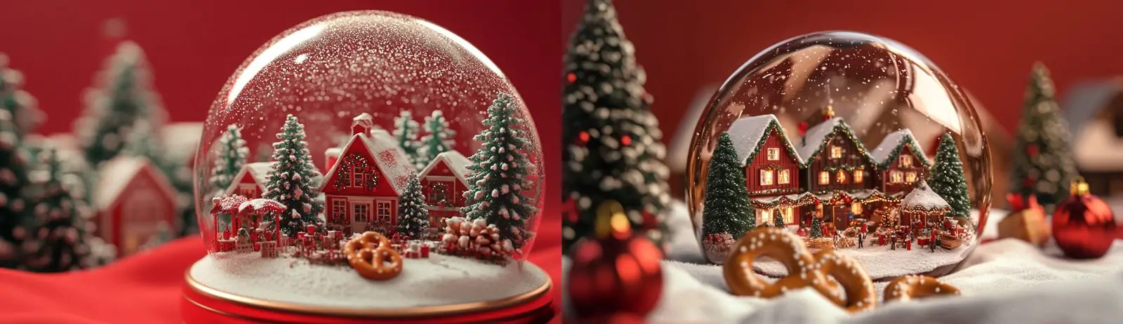 红色3D立体透明玻璃水晶球冬季圣诞节房屋树木雪天场景摄影海报midjourney关键词咒语